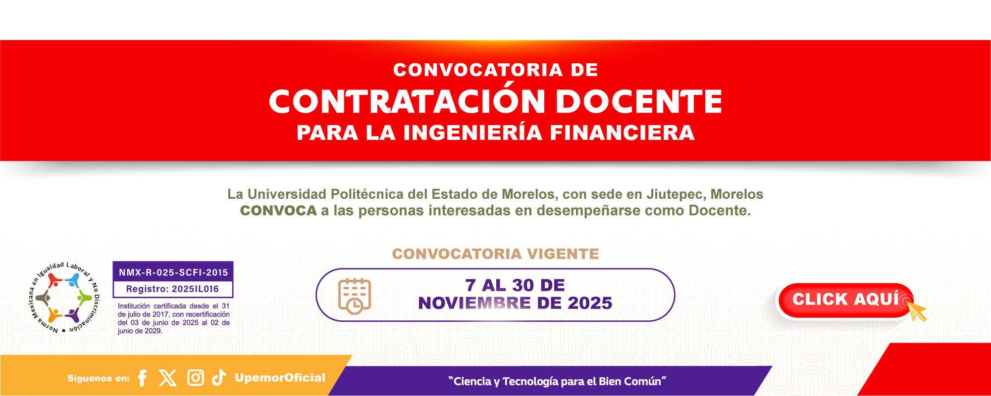 Convocatoria Profesor(a) por Asignatura Ingeniería Financiera.
